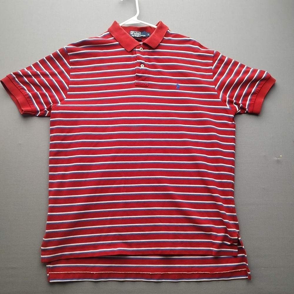 Polo Ralph Lauren Men's Pullover Short Sleeve Red Striped 1/4 Button Shirt Large